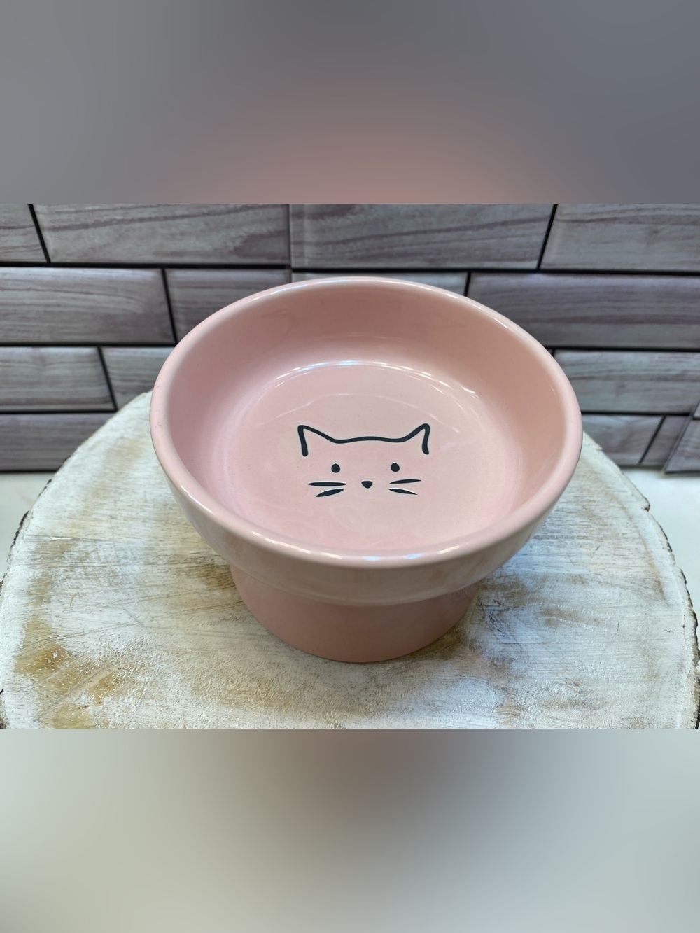 Signature ❤️Cute cat face Elevated cat bowl Baby Pink 3x4.25” New